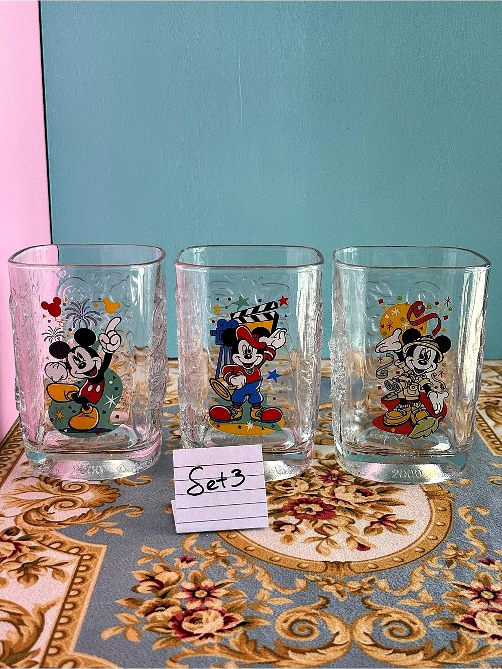 McDonalds Disney Millennium Mickey Mouse Glass Cups Set of 3 Clear